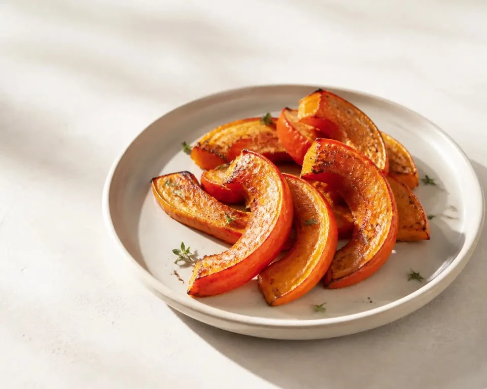 Cuisson potimarron au four : potimarron rôti doré et fondant présenté sur une assiette