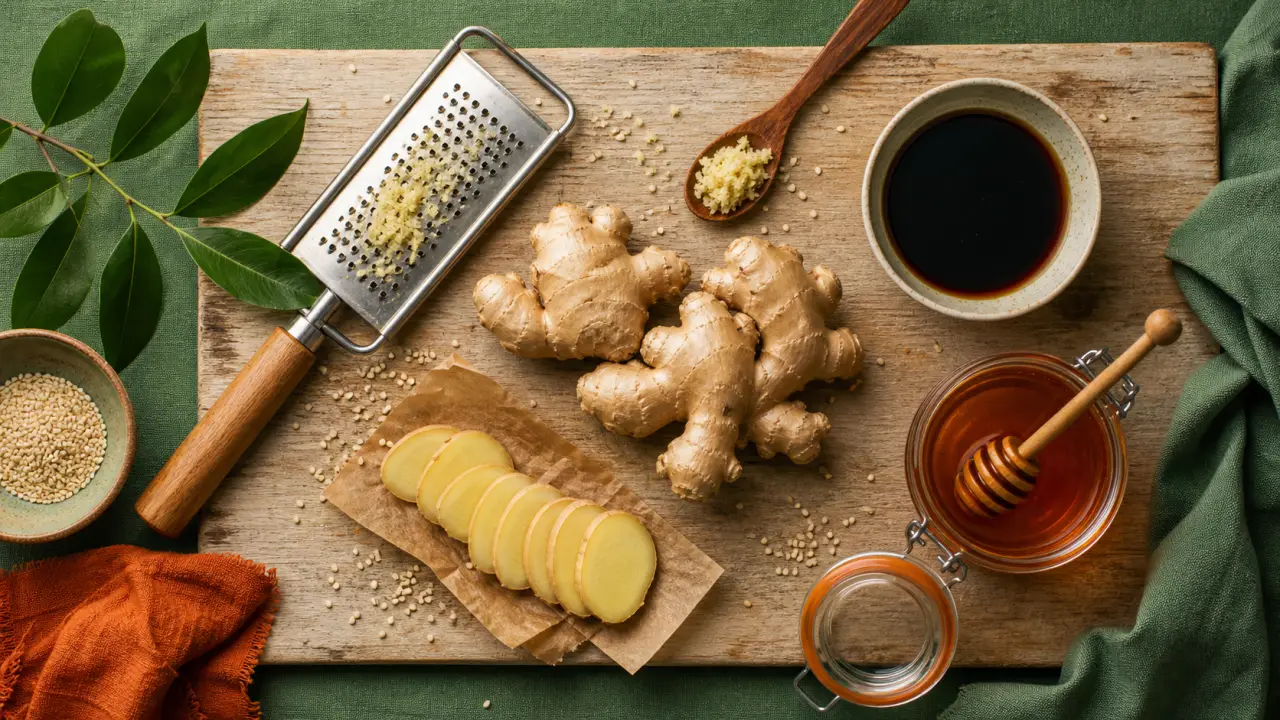 Gingembre cuisine : frais, poudre ou confit sur planche en bois