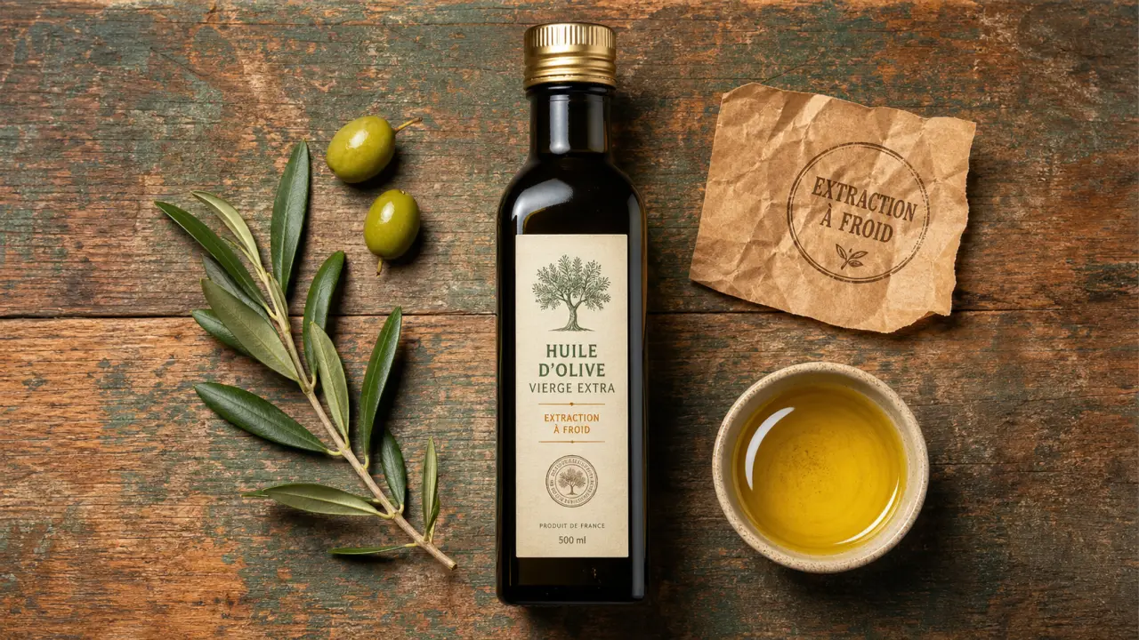Huile d olive extraite à froid, olives et branche d olivier