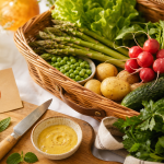 Legume mai : panier de légumes de mai (asperges, radis, petits pois)