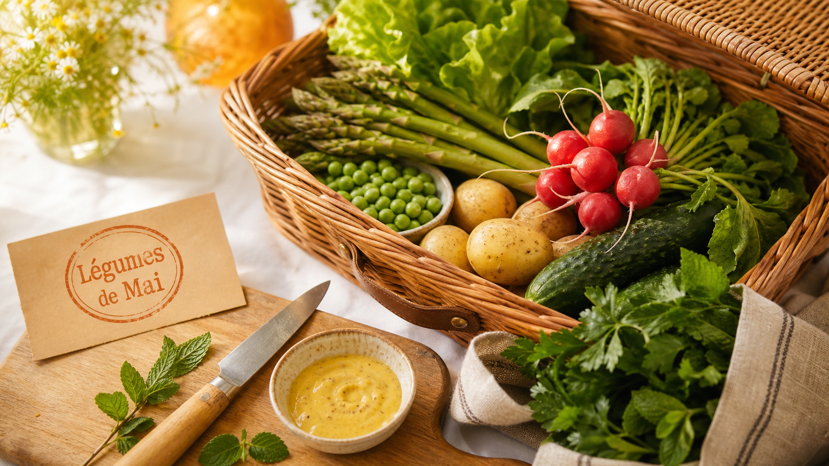 Legume mai : panier de légumes de mai (asperges, radis, petits pois)
