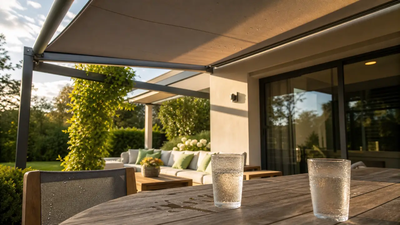 Terrasse conviviale sous pergola au coucher du soleil, salon de jardin et verres sur la table