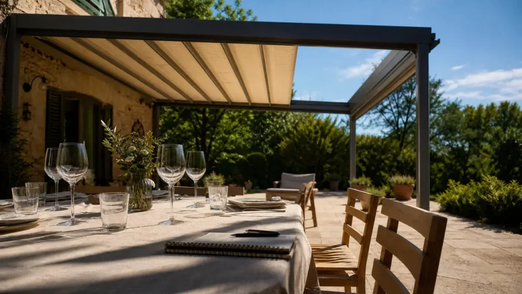 Pergola retractable : ombre sur terrasse en pierre et lumière le soir