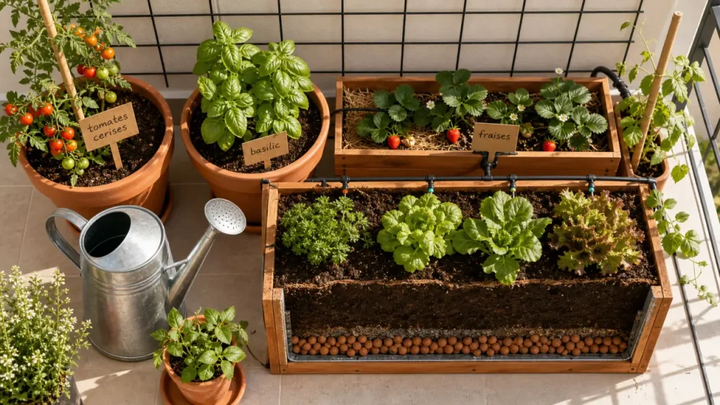 Potager sur balcon : mini potager en pots, terreau et goutte-à-goutte