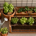 Potager sur balcon : mini potager en pots, terreau et goutte-à-goutte