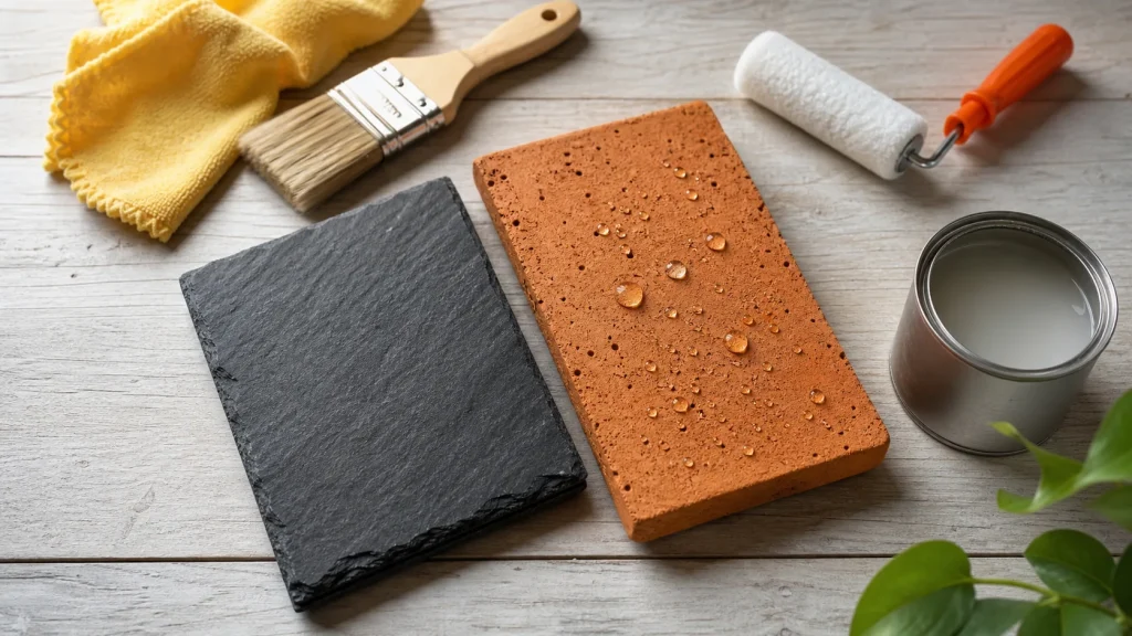 Produit hydrofuge toiture incolore non filmogène, gouttes d’eau sur tuile traitée