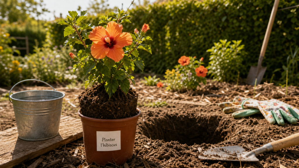 Quand planter un hibiscus en pleine terre : jeune hibiscus en pot près du trou de plantation