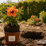 Quand planter un hibiscus en pleine terre : jeune hibiscus en pot près du trou de plantation