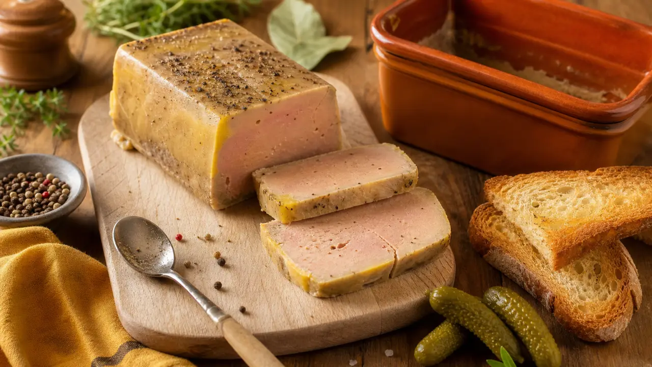 Terrine de p&acirc;t&eacute; de foie maison tranch&eacute;e sur planche, avec pain grill&eacute; et cornichons