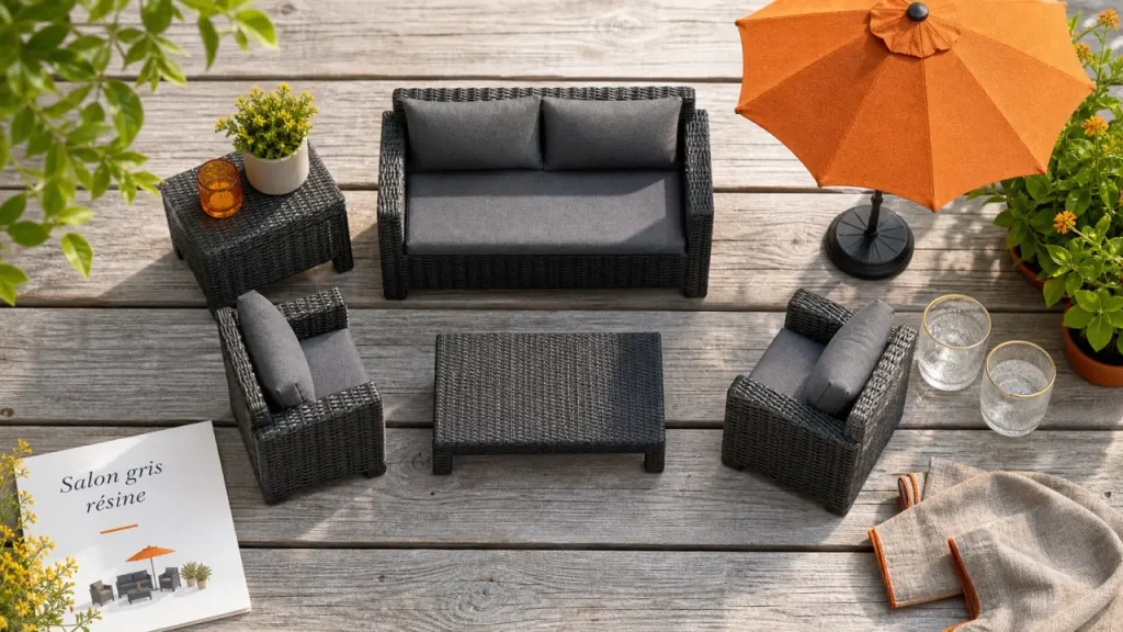 Salon de jardin gris en resine sur terrasse