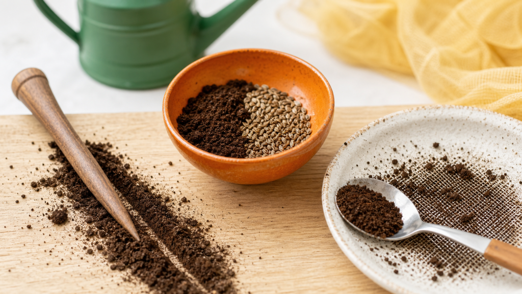 Semis de carottes marc de café : graines dans un sillon de 1 cm