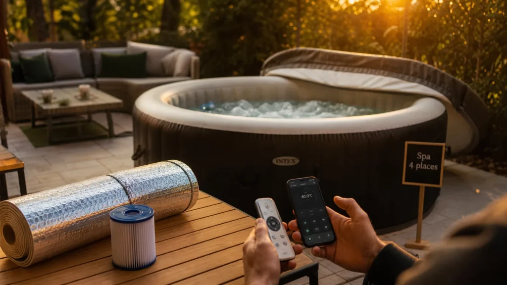 Spa gonflable 4 places 40°C, bulles visibles, bulles ou jets