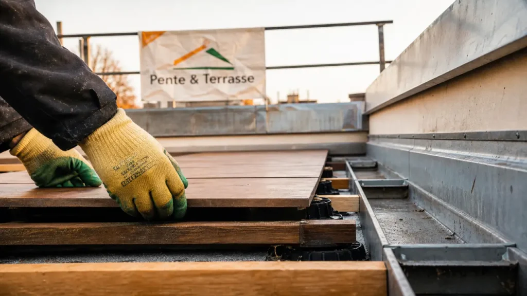 Terrasse sur toiture inclinée : ouvrier pose des dalles sur plots