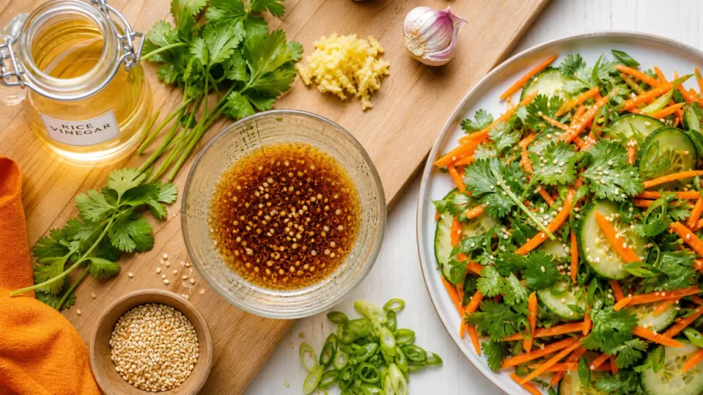 Vinaigrette asiatique maison avec sauce soja, sésame grillé et vinaigre de riz