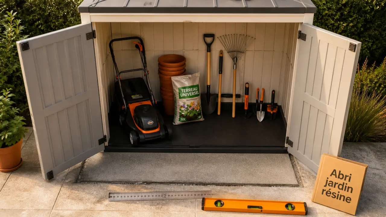 Abri jardin résine sur dalle extérieure, montage simple