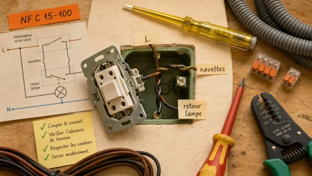 Branchement va-et-vient : phase, navettes, 1,5 mm² et erreurs à éviter
