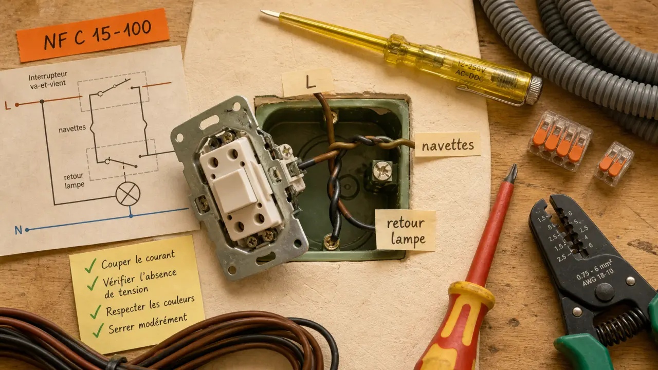 Branchement va et vient : phase et navettes en 1,5 mm², boîtier et fils