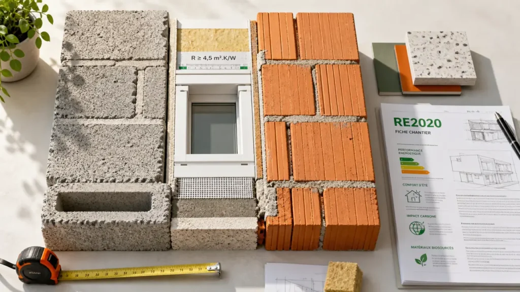 Brique ou parpaing : budget réel, 0,23 m².K/W et RE2020 pour choisir le bon mur
