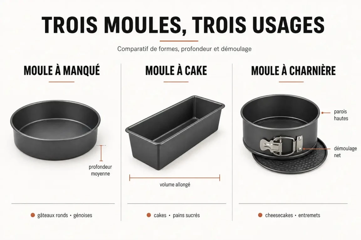 Moule pour gateau : comparaison visuelle des moules à manqué, à cake et à charnière