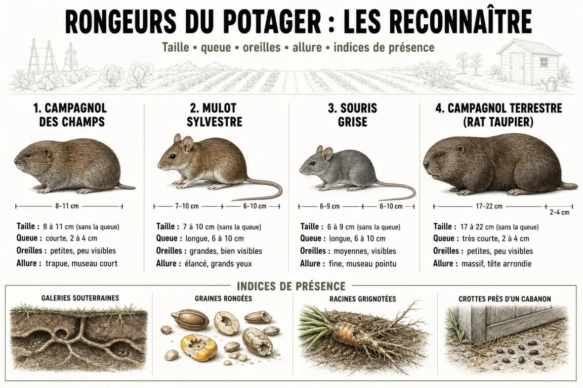 Rongeurs du jardin : comparatif visuel pour reconnaître campagnol, mulot, souris grise et rat taupier