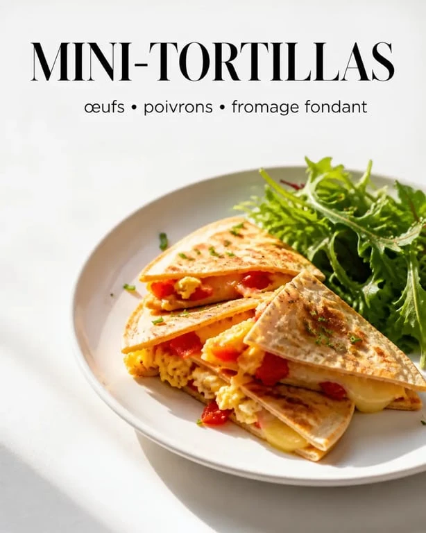 Oeuf recette de mini-tortillas aux œufs, poivrons et fromage fondant servies avec salade