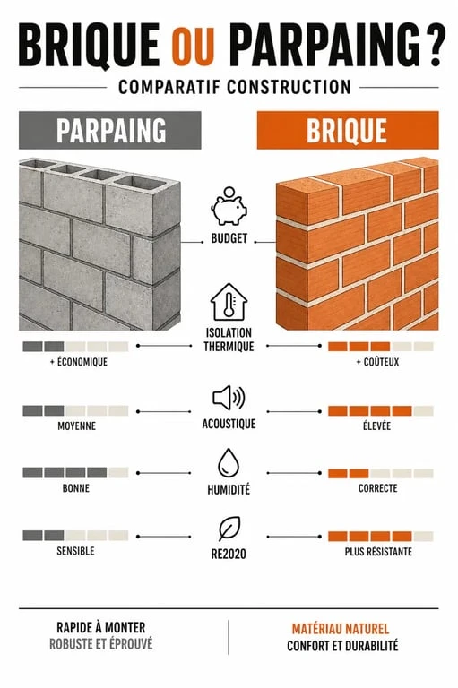 Comparatif brique ou parpaing avec mur en briques et mur en parpaings, sur les critères budget, isolation, acoustique, humidité et RE2020