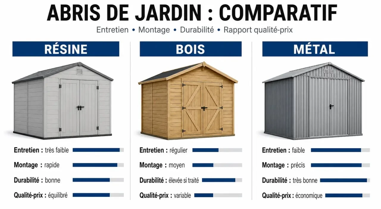 Abri jardin résine : comparaison visuelle avec le bois et le métal