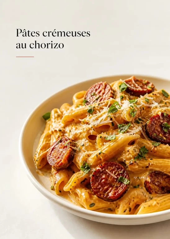 Recette chorizo de pâtes crémeuses servies dans une assiette élégante
