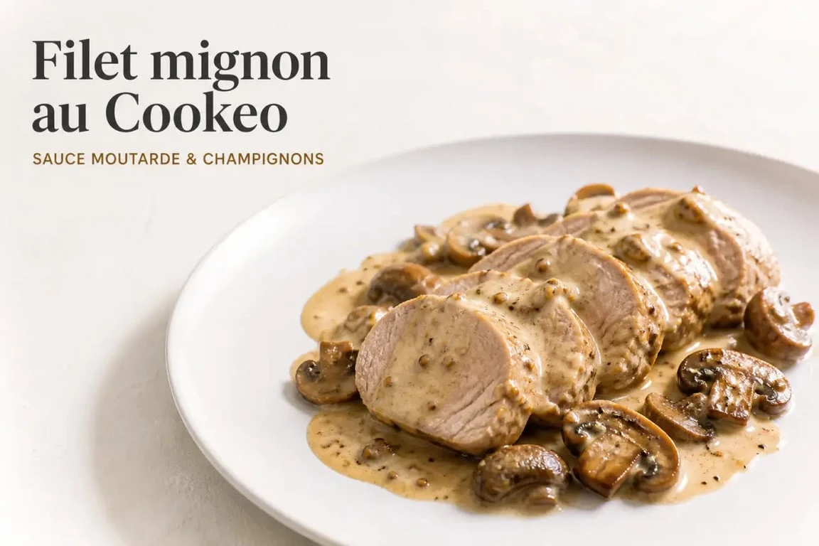 Filet mignon cookeo crémeux à la moutarde et aux champignons servi en assiette