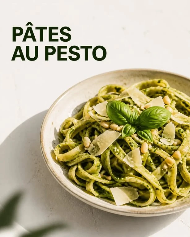Recette pour pesto basilic servie sur des pâtes fraîches avec basilic, pignons de pin et parmesan