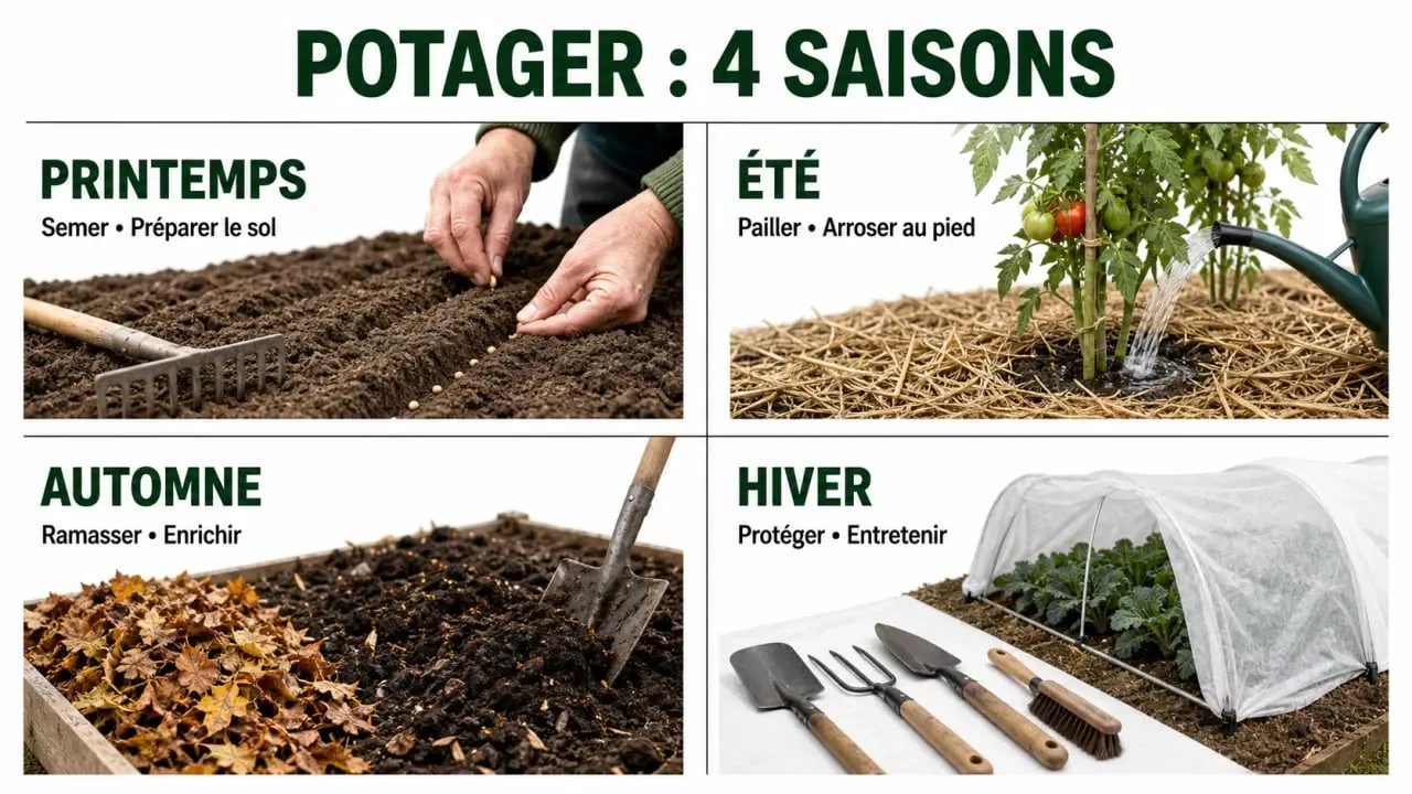 Jardiner malin au fil des saisons avec semis, paillage, feuilles mortes et protection hivernale