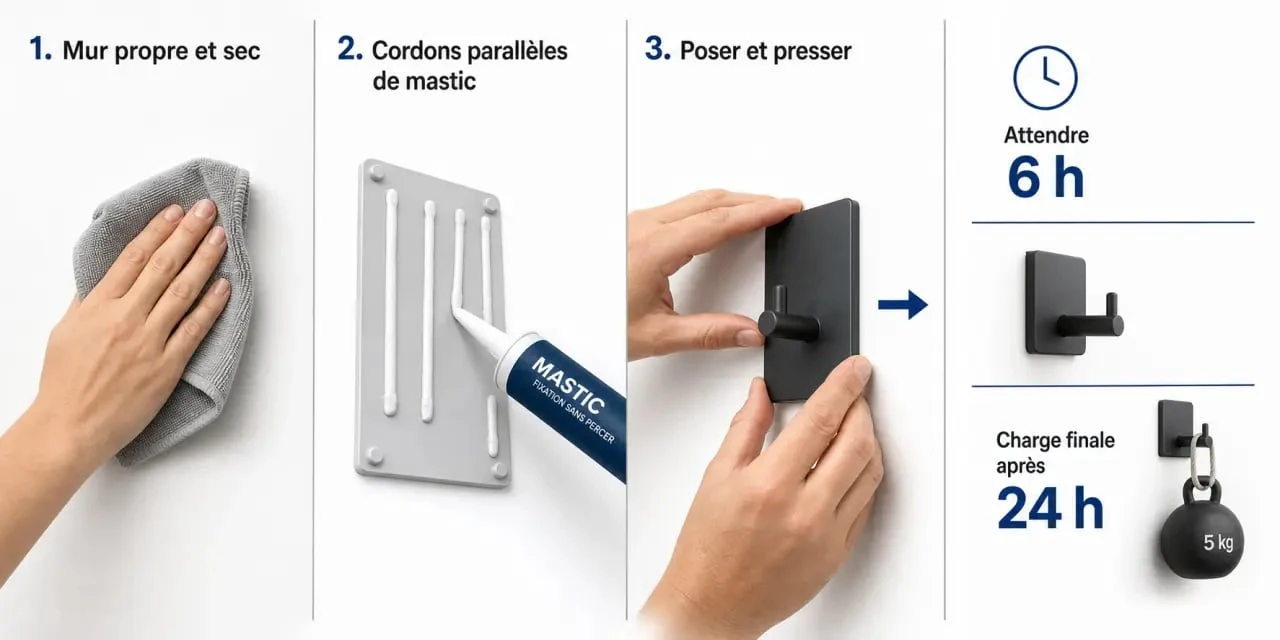 Fixer sans percer : étapes de pose d’un mastic de fixation sur mur propre avec temps de séchage