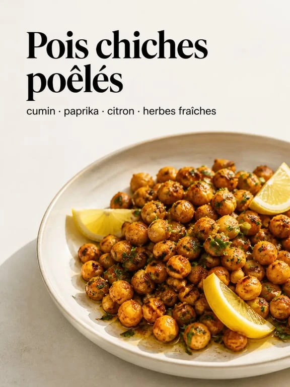 Recette pois chiche : pois chiches poêlés au cumin et au citron, servis dans une assiette élégante