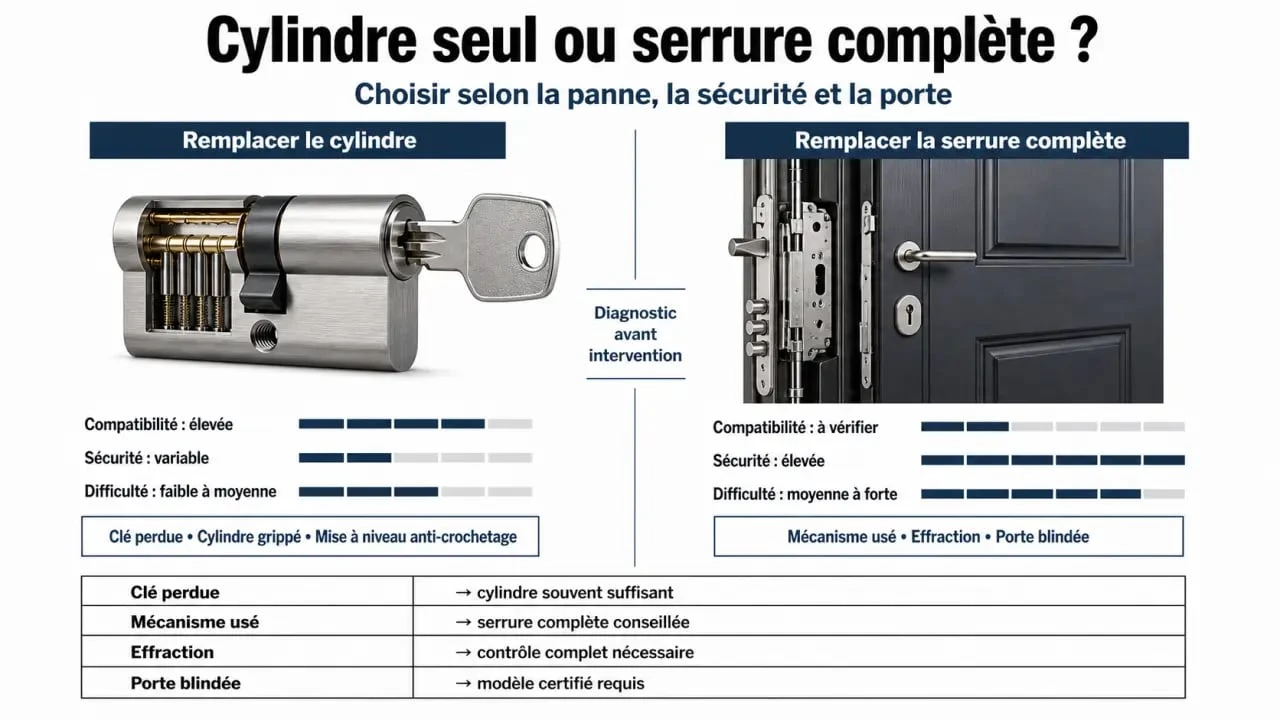 Changer serrure de porte : comparaison visuelle entre cylindre et serrure complète selon la situation