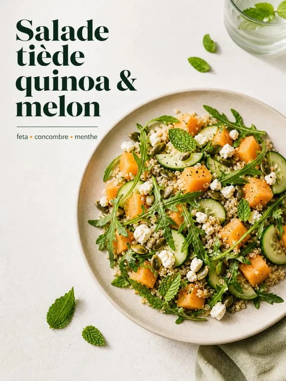 Salade composée facile et originale au quinoa, melon, concombre, feta et menthe dans une assiette dressée