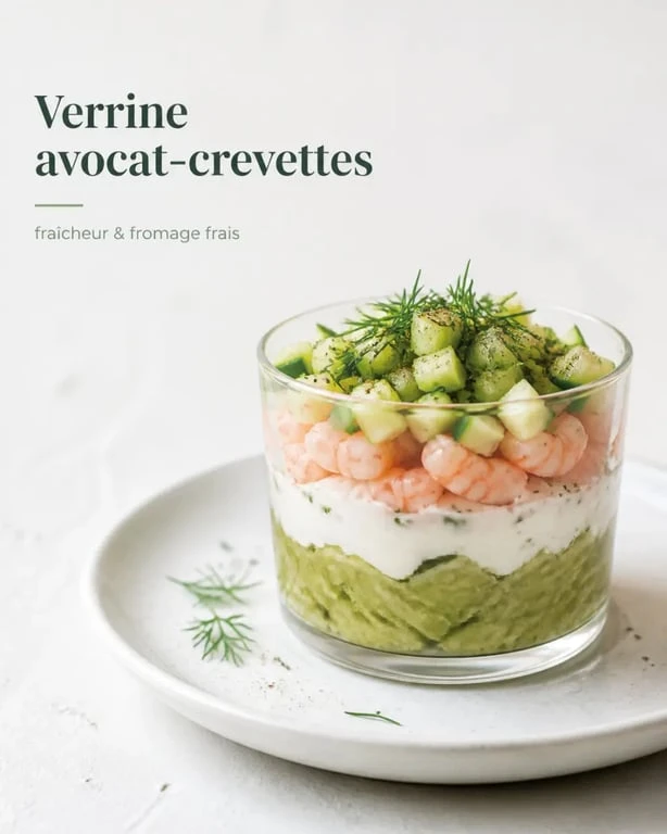 Entrée simple et bluffante froide en verrine avocat-crevettes, dressée avec herbes fraîches