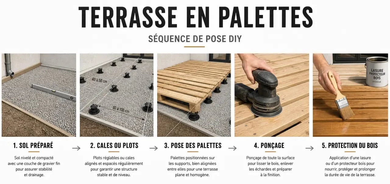 Palette pour terrasse : étapes de montage sur sol stable, ponçage et protection du bois