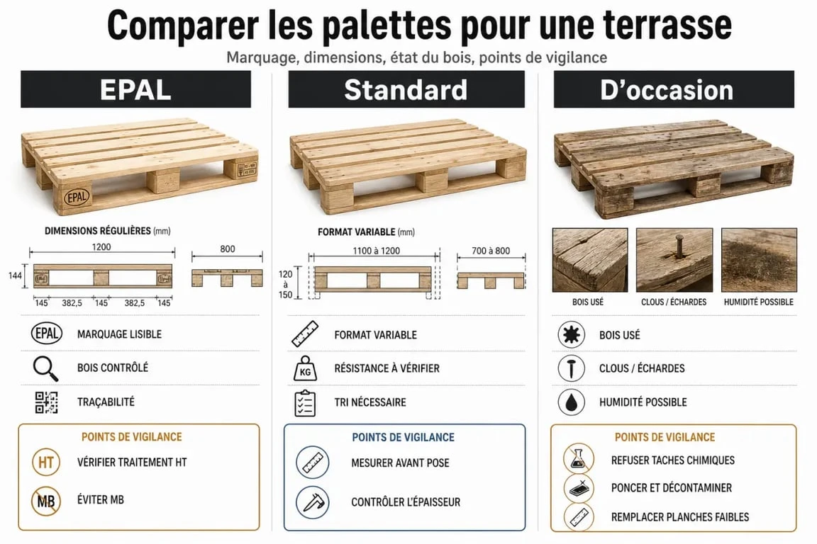 Palette pour terrasse : comparaison visuelle des palettes Europe, standard et d’occasion avant achat