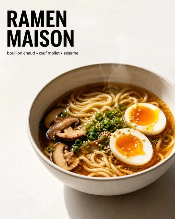 Ramen recette maison servie dans un bol fumant avec œuf mollet, nouilles et champignons