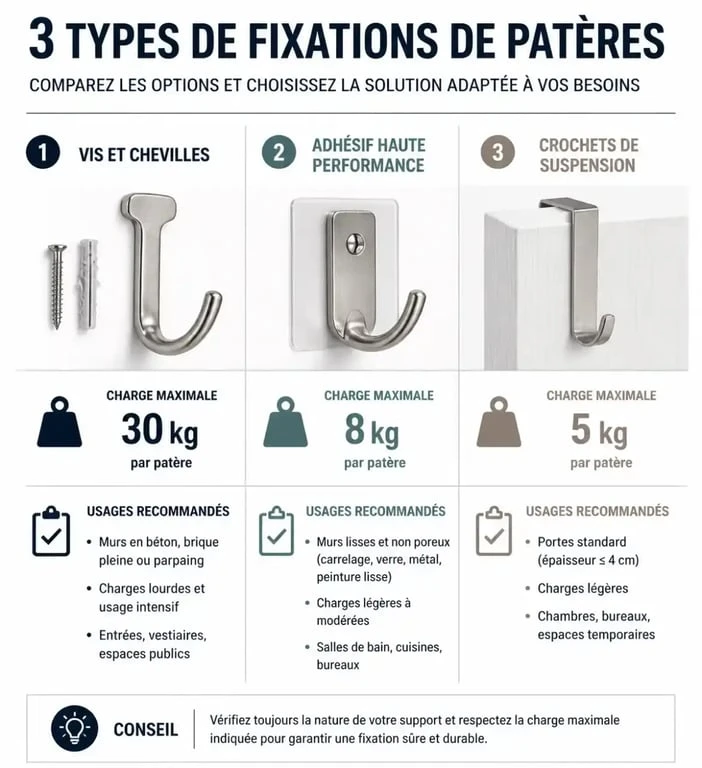 Comparatif des types de fixation pour patères murales : vis, adhésif et crochets