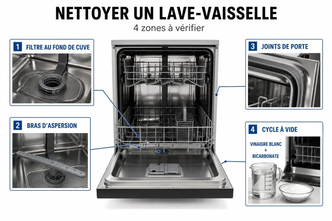 Nettoyer lave vaisselle : illustration des zones à nettoyer dans un lave-vaisselle ouvert