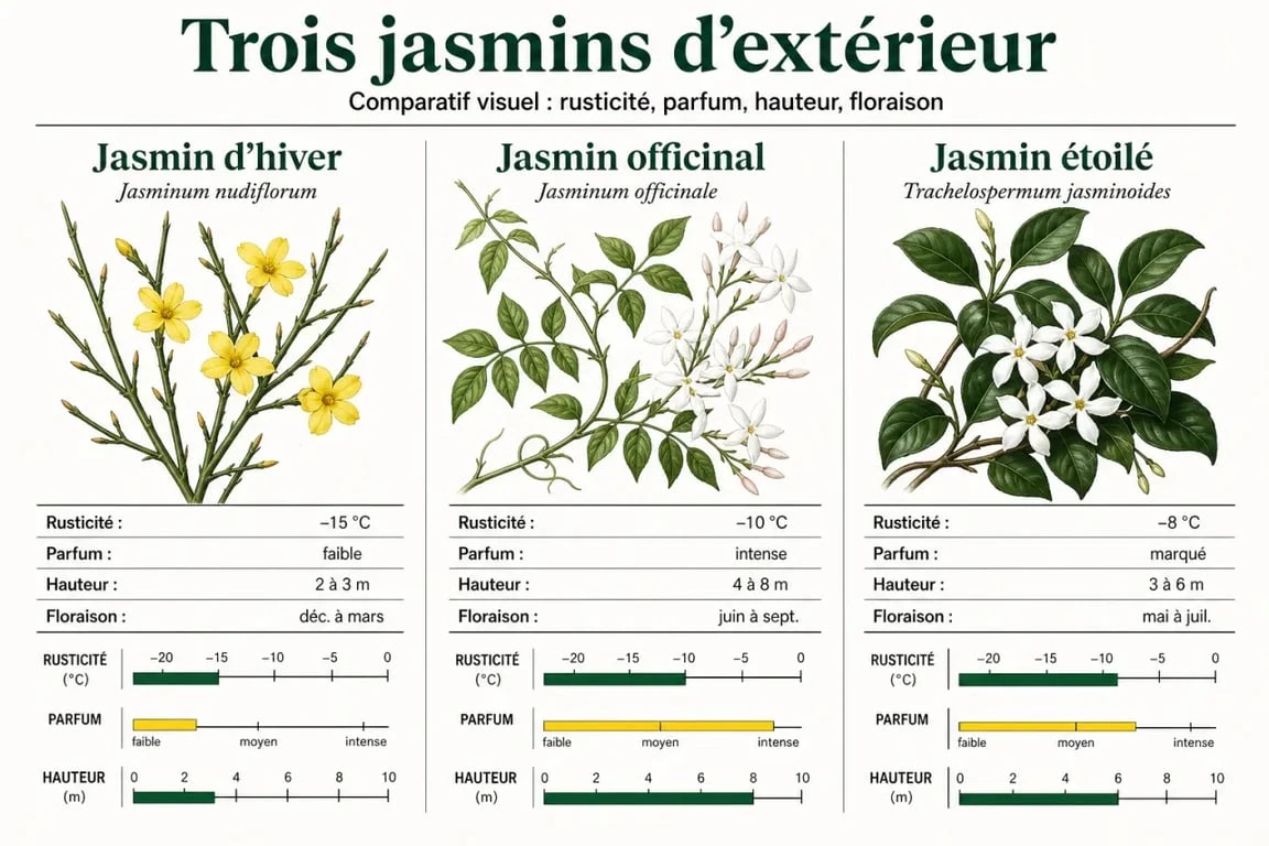 Comparatif du jasmin exterieur selon rusticité, parfum et usage