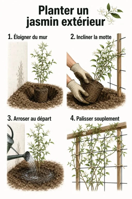 Plantation et palissage du jasmin exterieur en extérieur sur mur ou pergola