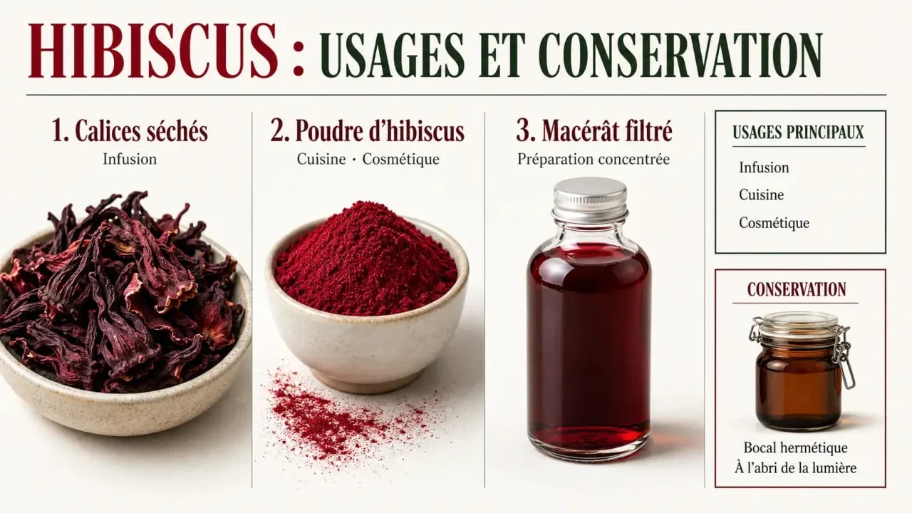 Fleur d’hibiscus : calices séchés, poudre et macérât présentés dans une infographie éditoriale