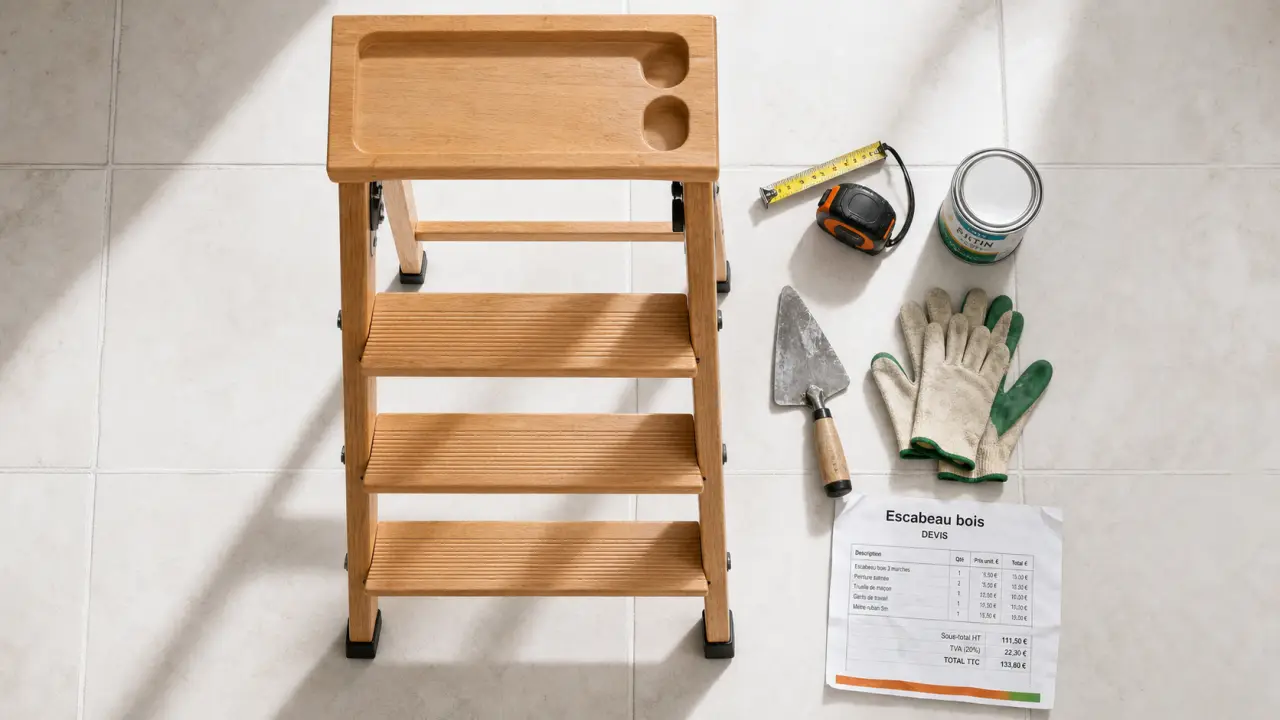 Escabeau bois sur carrelage, avec patins antidérapants et tablette
