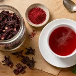Fleur d’hibiscus séchée : infusion rouge, poudre et macérât sur table