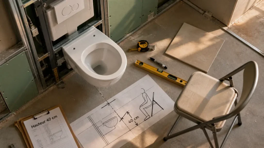 Hauteur d’un WC suspendu : 40 cm à l’usage, puis réglage selon le foyer