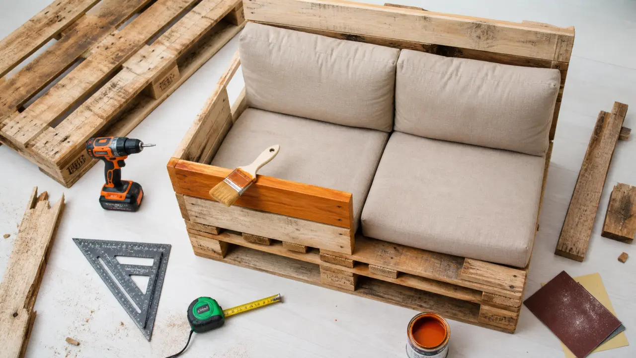 Palette en meuble : outils et finitions sur palette bois démontée