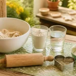 Pate a sel : pâte beige et farine, préparation sur table