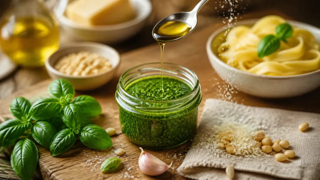 Pesto basilic maison : 5 minutes, huile en filet et repos d’une heure